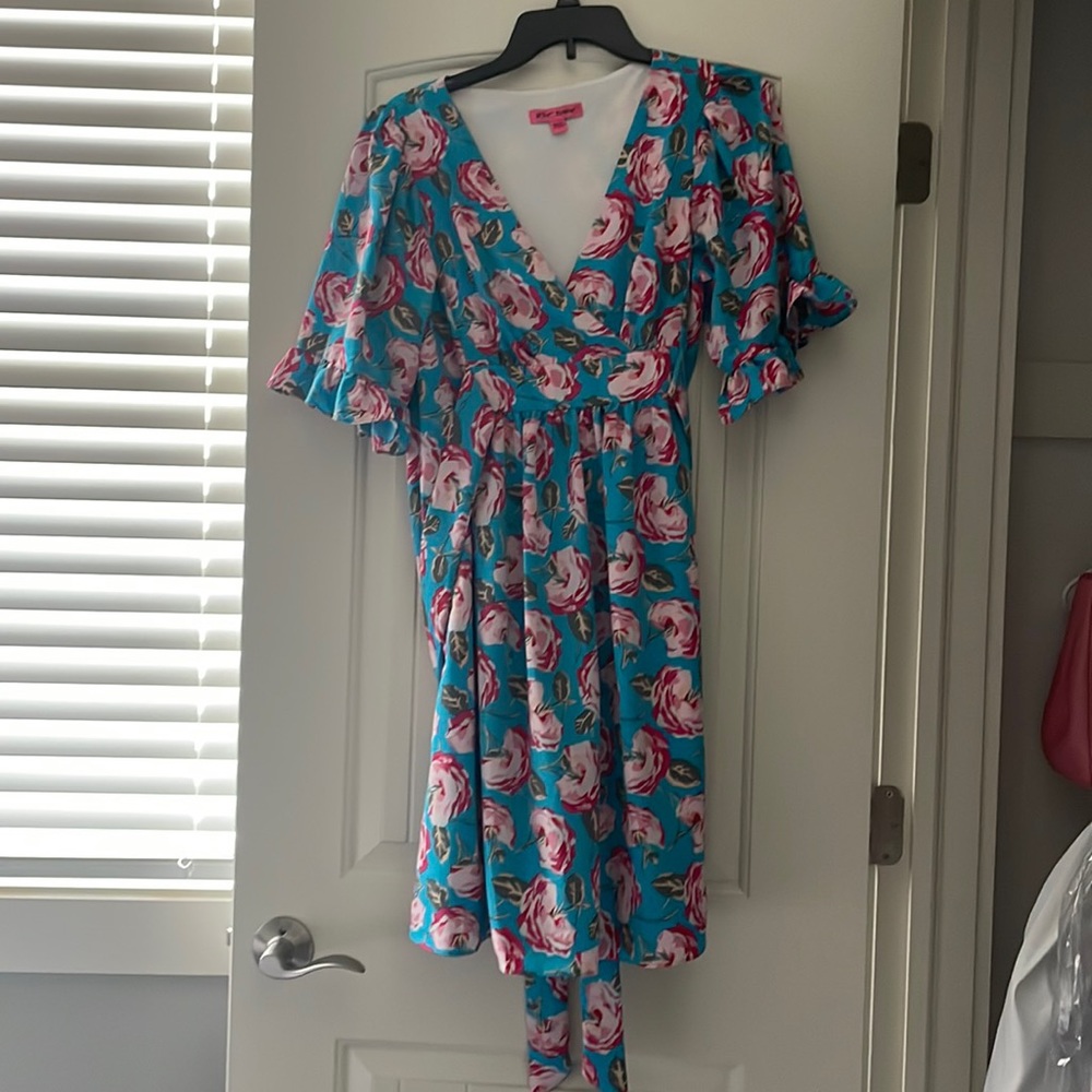 Betsey Johnson turquoise and pink floral short sleeve high waist dress size 6